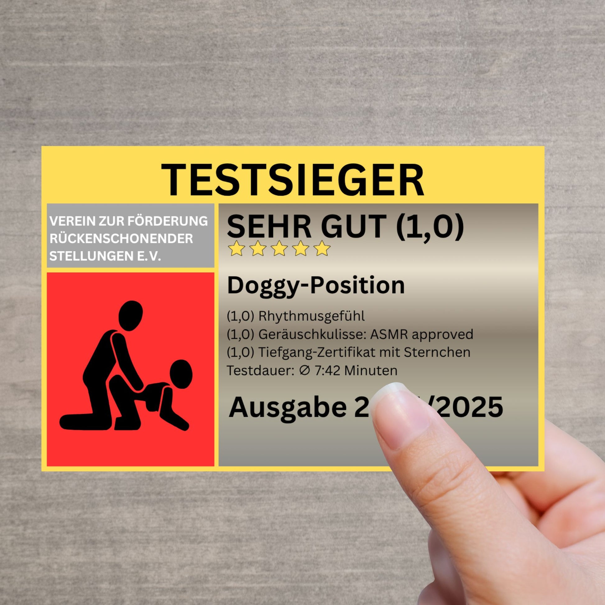 Lustiger Testsieger-Sticker Doggy-Position – Erotik Gag mit Note 1,0 – Humor für Erwachsene