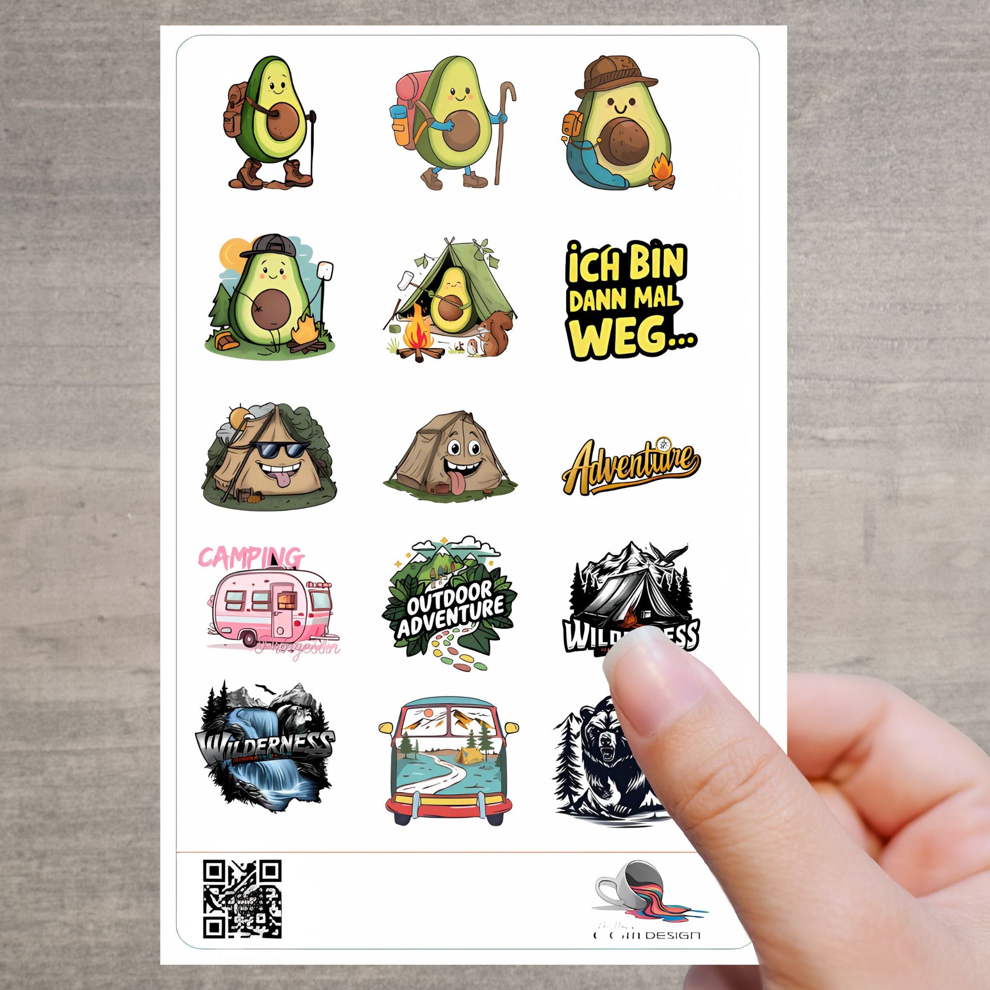 Camping Stickerbogen mit 15 Outdoor Motiven wie Bär, Van, Avocado