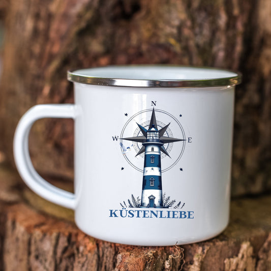 Emaille Tasse Küstenliebe mit Leuchtturm und Kompass