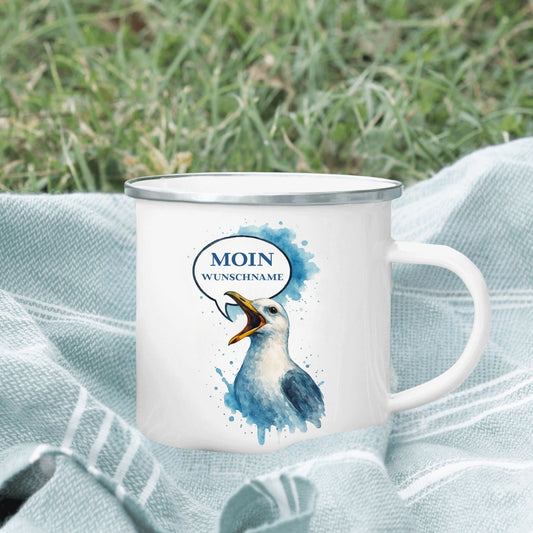 Emaille Tasse Möwe Moin mit Wunschname