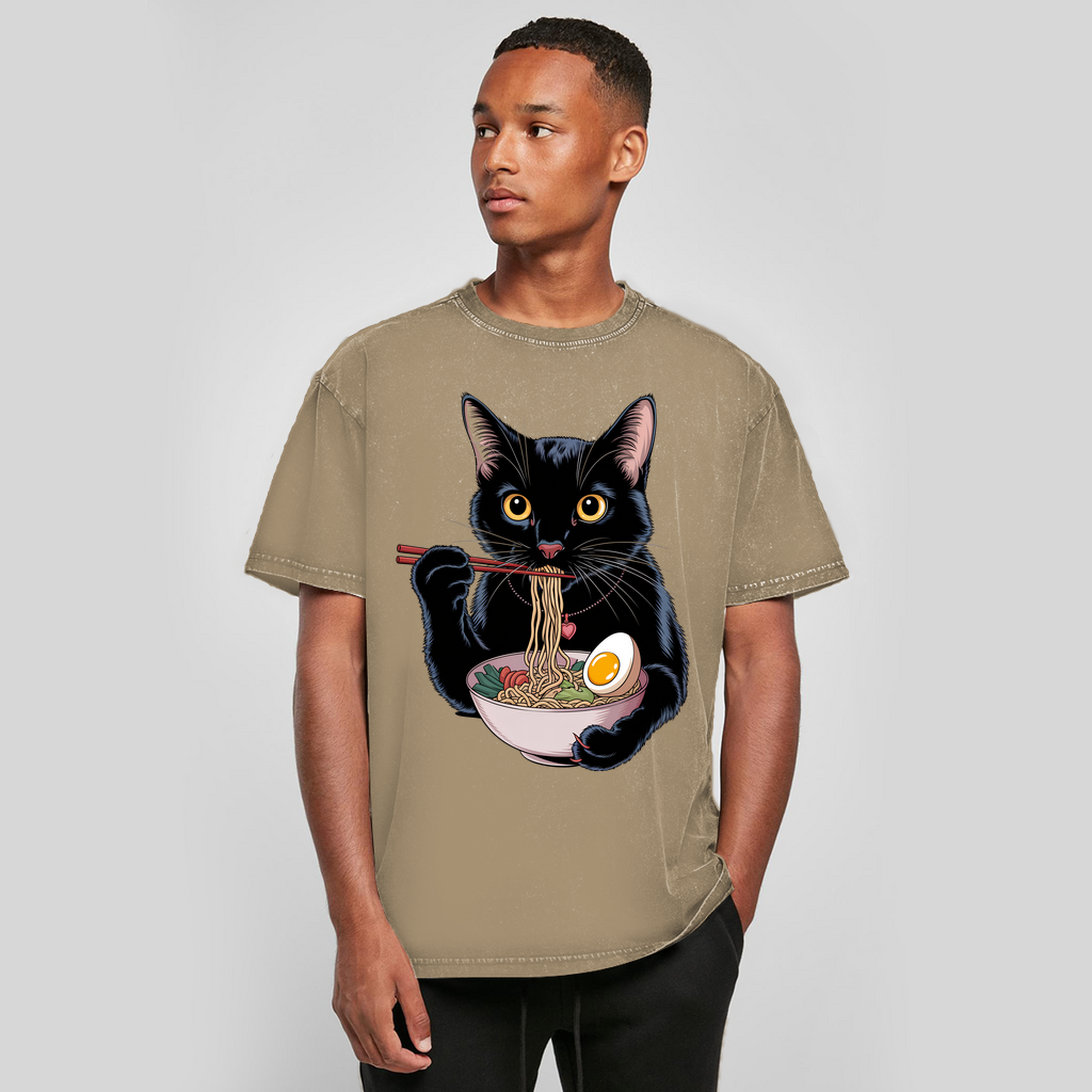 Oversize Washed T-Shirt Asian Cat