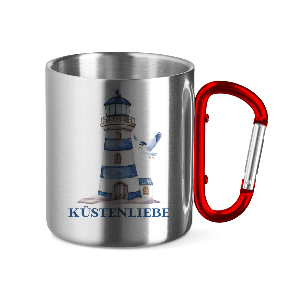 Edelstahltasse mit Karabinergriff Küstenliebe mit Leuchtturm
