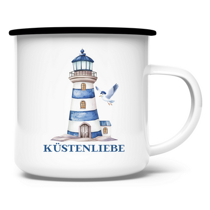 Emaille Tasse Küstenliebe mit Leuchtturm