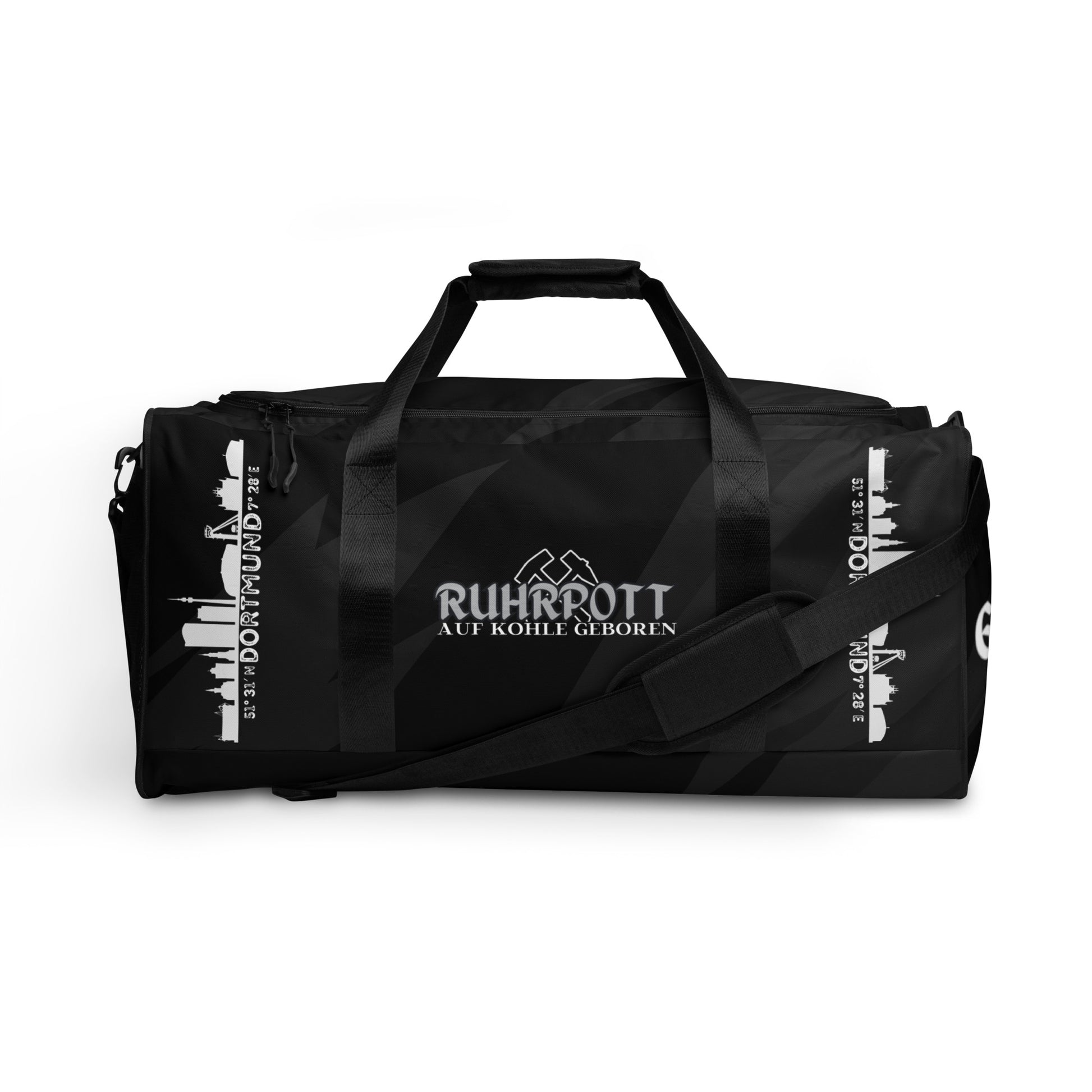 Trage deine Liebe zum Ruhrpott mit unserer stylischen Weekender Bag Dortmund. Das einzigartige Design mit der Silhouette der Stadt und den Koordinaten macht sie zu einem echten Hingucker.