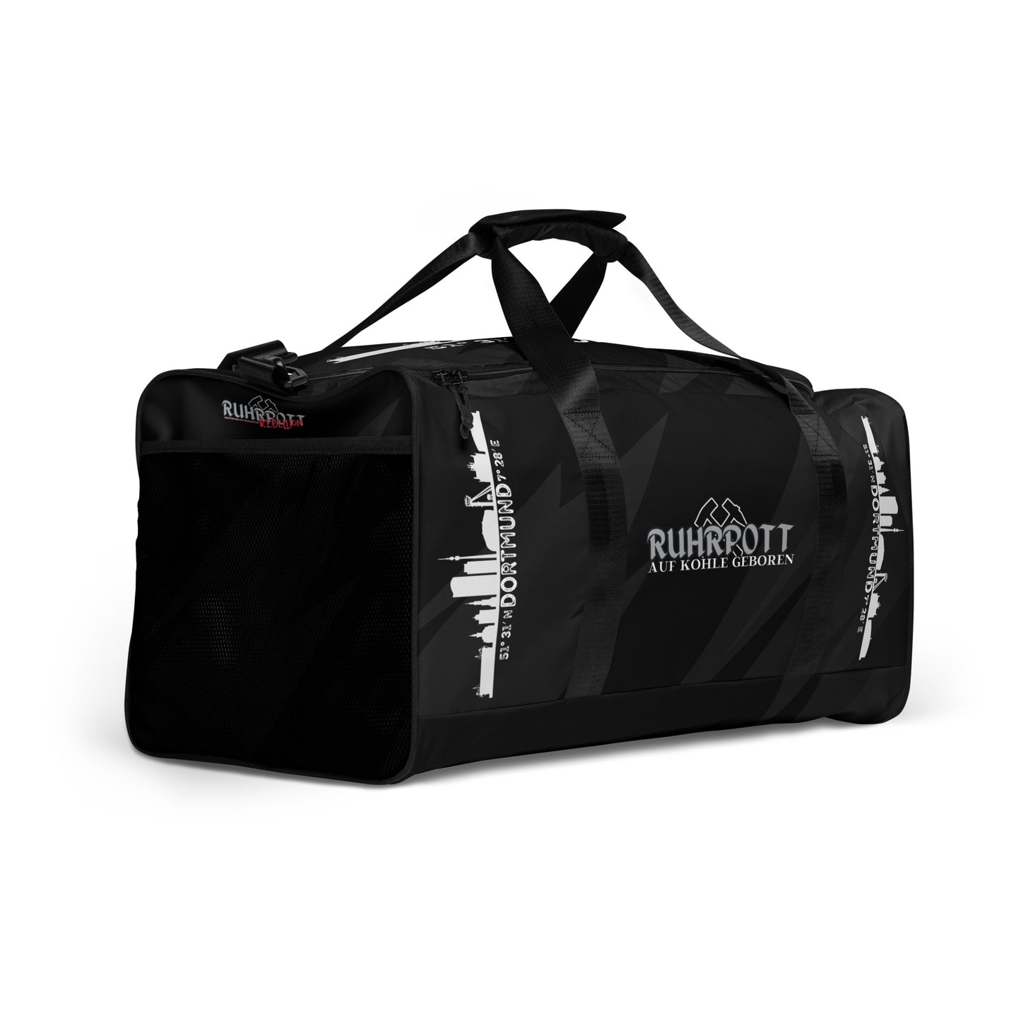 Trage deine Liebe zum Ruhrpott mit unserer stylischen Weekender Bag Dortmund. Das einzigartige Design mit der Silhouette der Stadt und den Koordinaten macht sie zu einem echten Hingucker. 