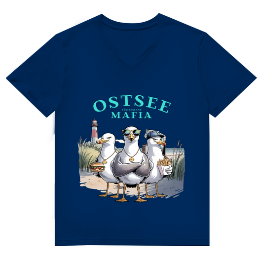 Ostsee Mafia Herren V-Neck T-Shirt mit Comic-Möwen und Leuchtturm, schwarzes Bio Shirt