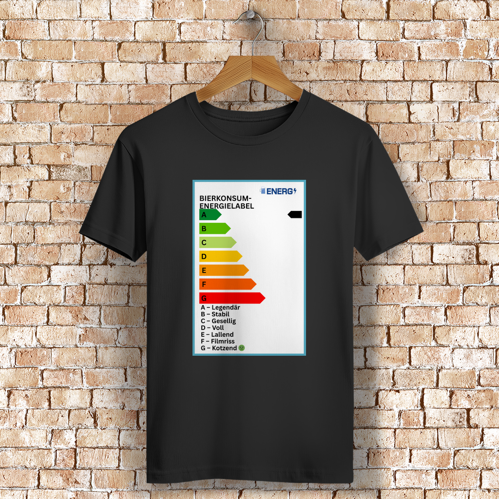 Schwarzes Unisex T-Shirt mit satirischem Aufdruck ‚Bierkonsum-Energielabel‘ von A: Legendär bis G: Kotzend, humorvolles Shirt für Partygänger