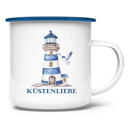 Emaille Tasse Küstenliebe mit Leuchtturm