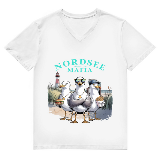 Nordsee Mafia Herren V-Neck T-Shirt mit Möwen Comic und Leuchtturm