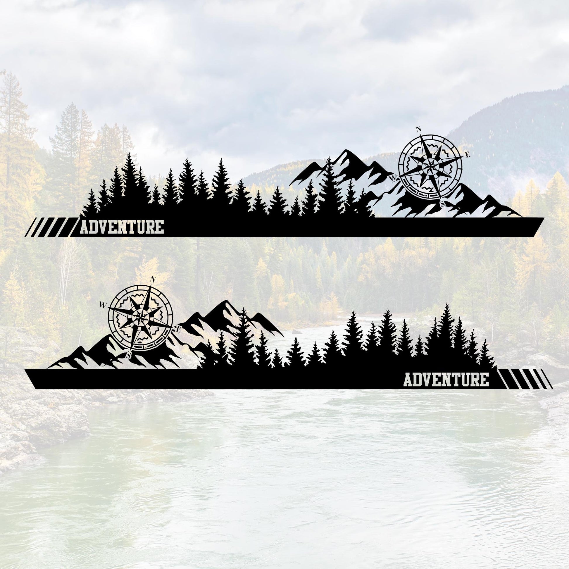 Adventure Vinyl Aufkleber Set mit Kompass und Bergen